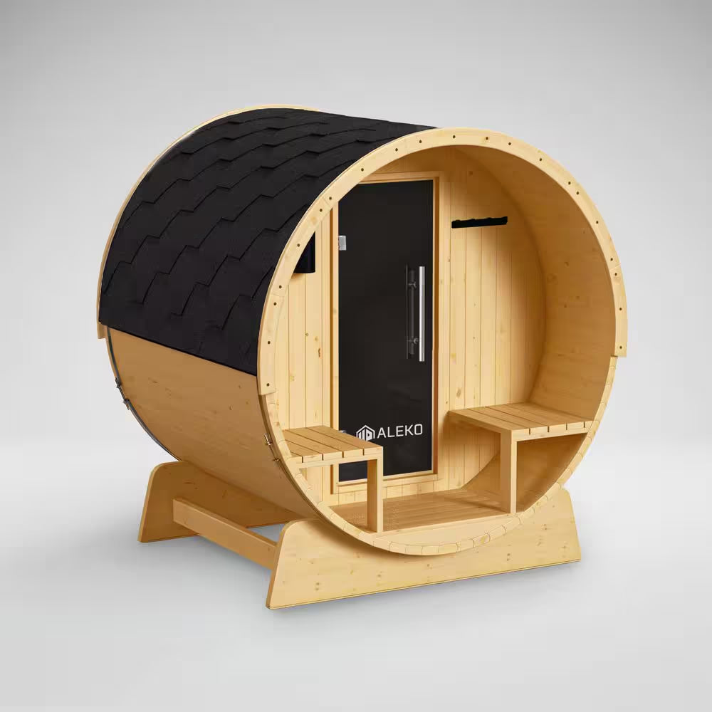 Outdoor Indoor Finland Pine Wet Dry Barrel Sauna 3-5 Person Front Porch Canopy 4.5 Kw ETL Certified Bitumen Shingle Roof