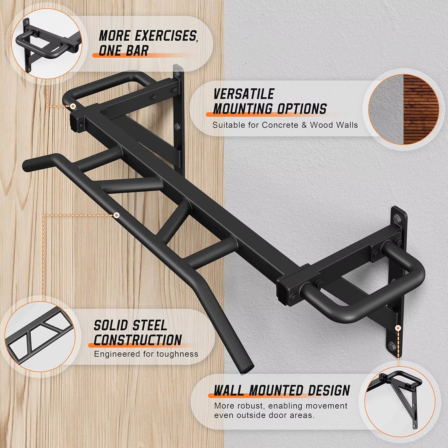 Heavy Duty Pull up Bar with 14 Grip Positions, Strength Training Pull-Up Bars for Home Gym, Wall Mounted, Joist Mounted Chin Up