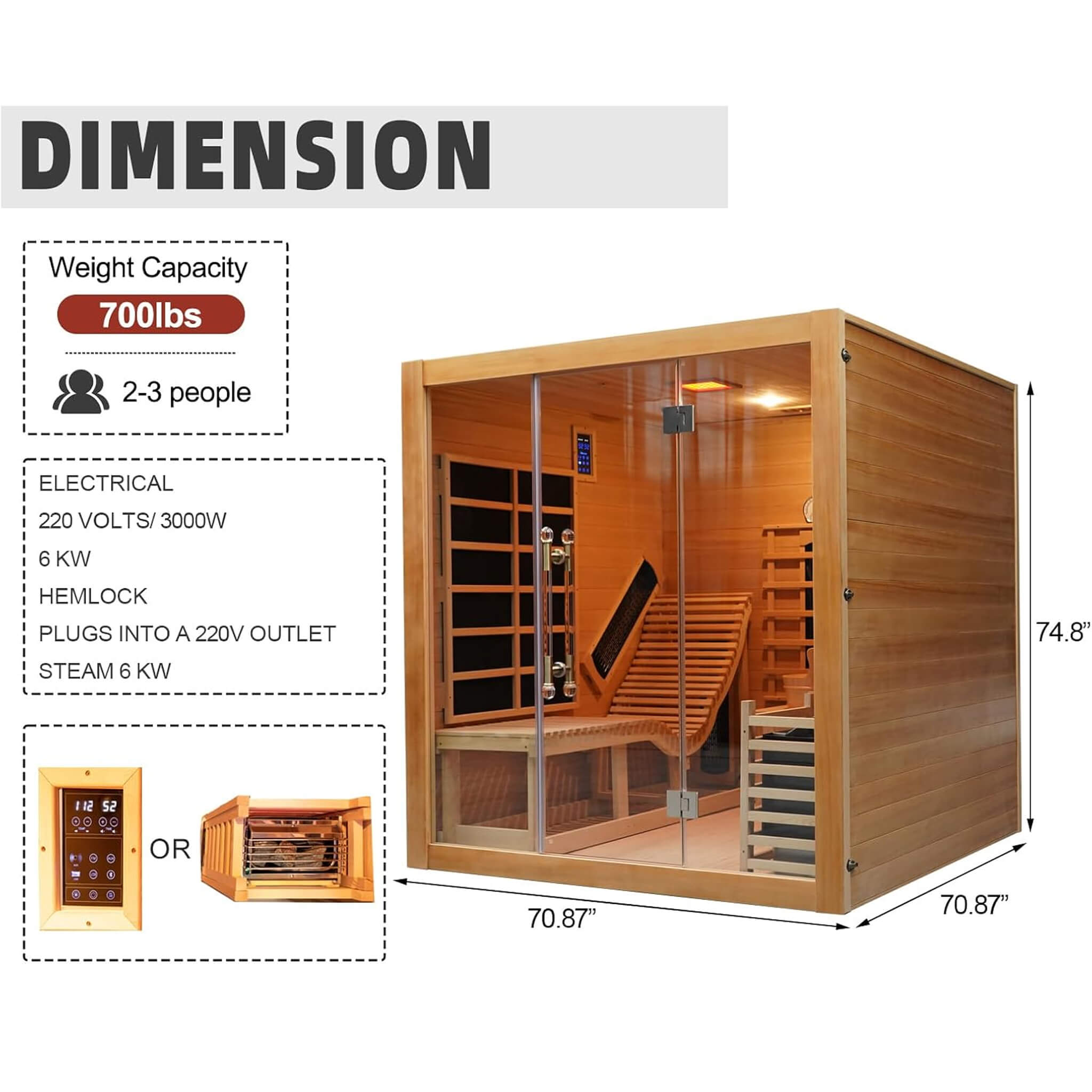 Rövia Oasis 3-Person Indoor Hybrid Sauna Room With Built-In Lounge Chair (SAK35182)